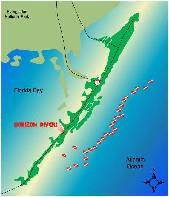 Horizon Divers Diving Sites in Key Largo, FL Map of Southern Florida Scuba Diving Locations in Key Largo, FL